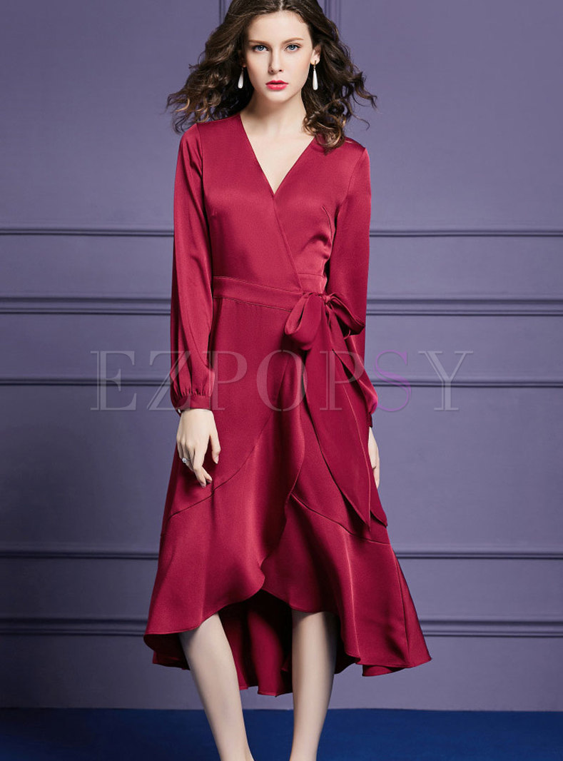 Trendy Wine Red V-neck Tie-waist Falbala Hem Dress
