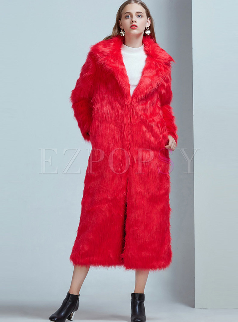 Notched Collar Long Sleeve Faux Shearling Coat