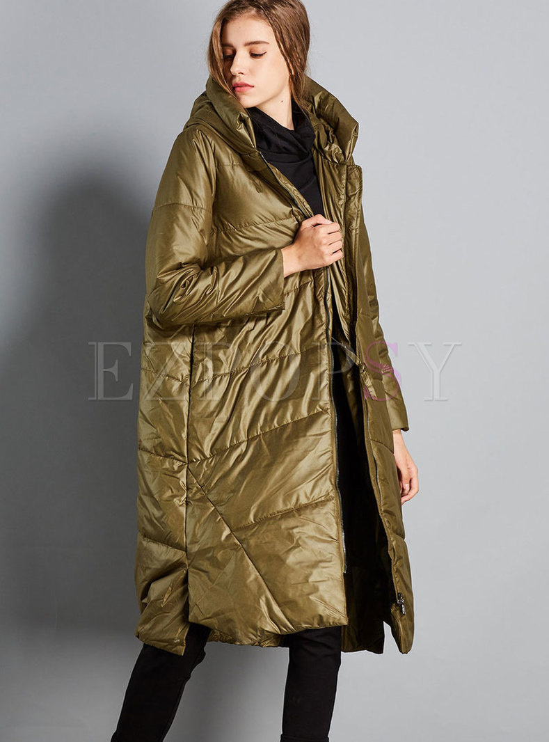 Fashion Green Hooded Cocoon Bubble Coat
