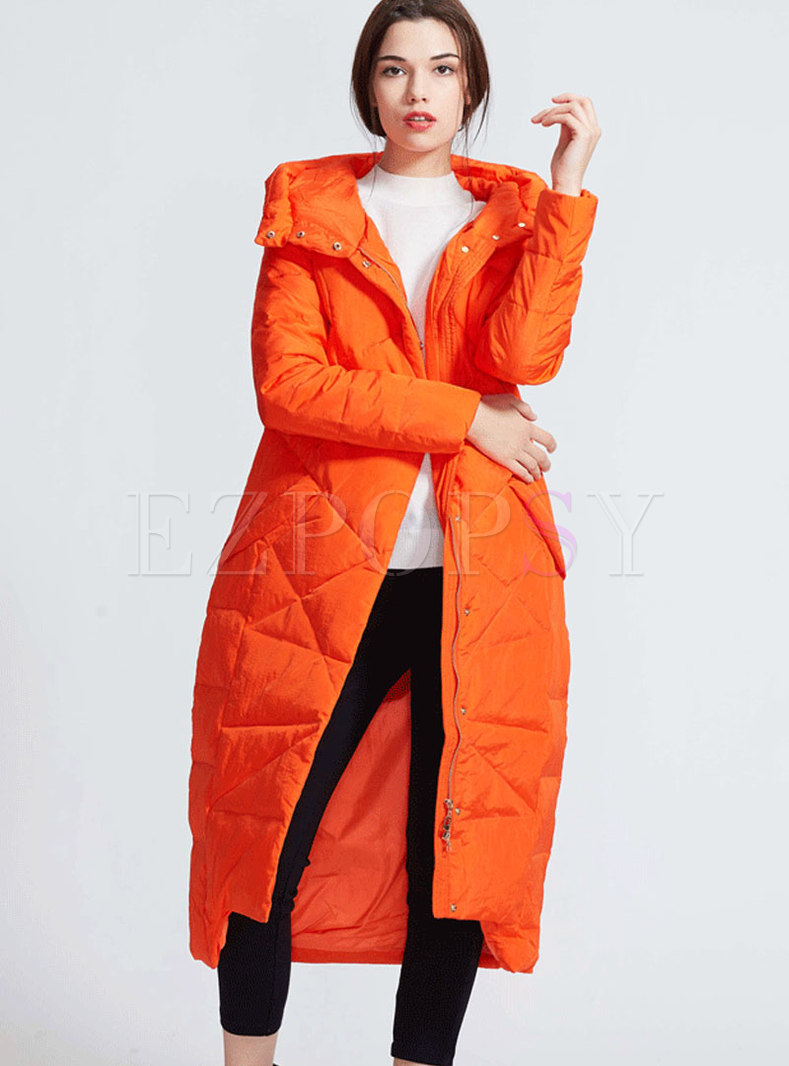 Outwear | Down Coats | Fashion Monochrome Hooded Long Down Coat