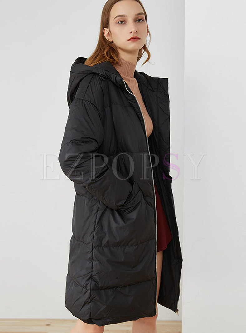 Fashion Black Hooded Knee-length Down Coat
