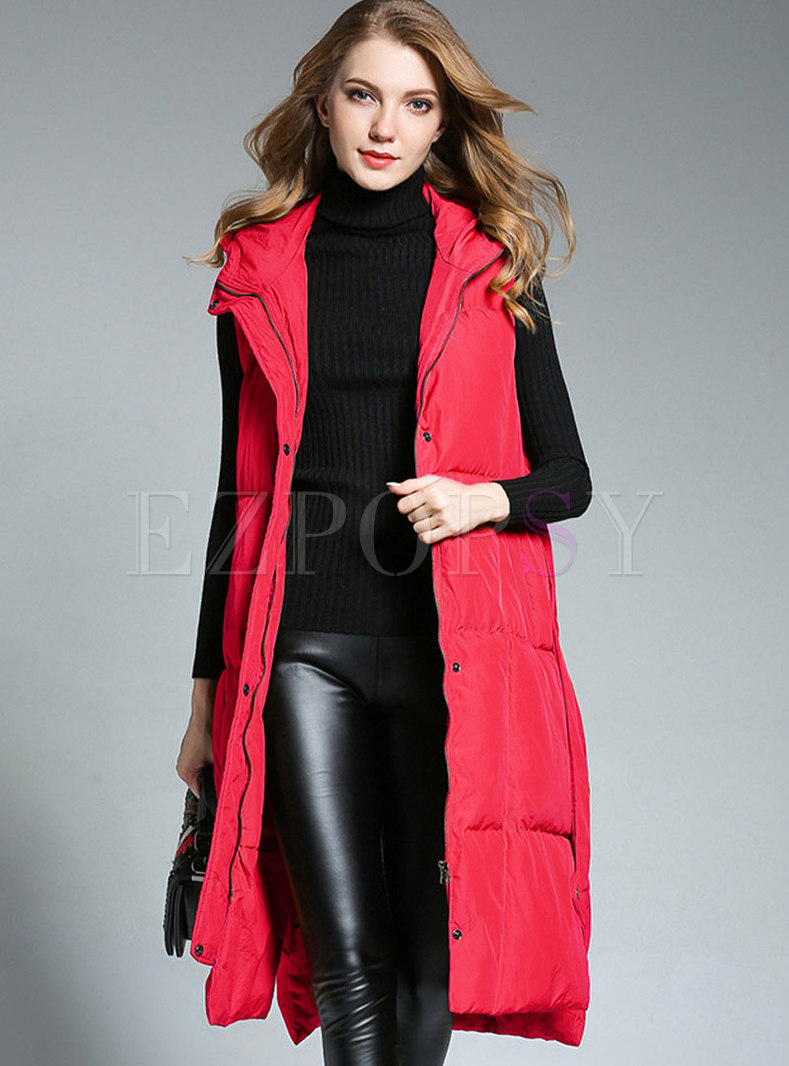 Winter Red Hooded Down Coat Plus Size Vest 