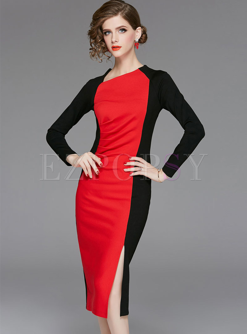 Color-blocked Long Sleeve Slit Bodycon Dress