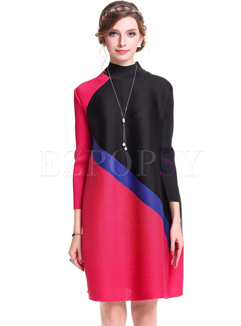Stylish Standing Collar Hit Color Shift Dress