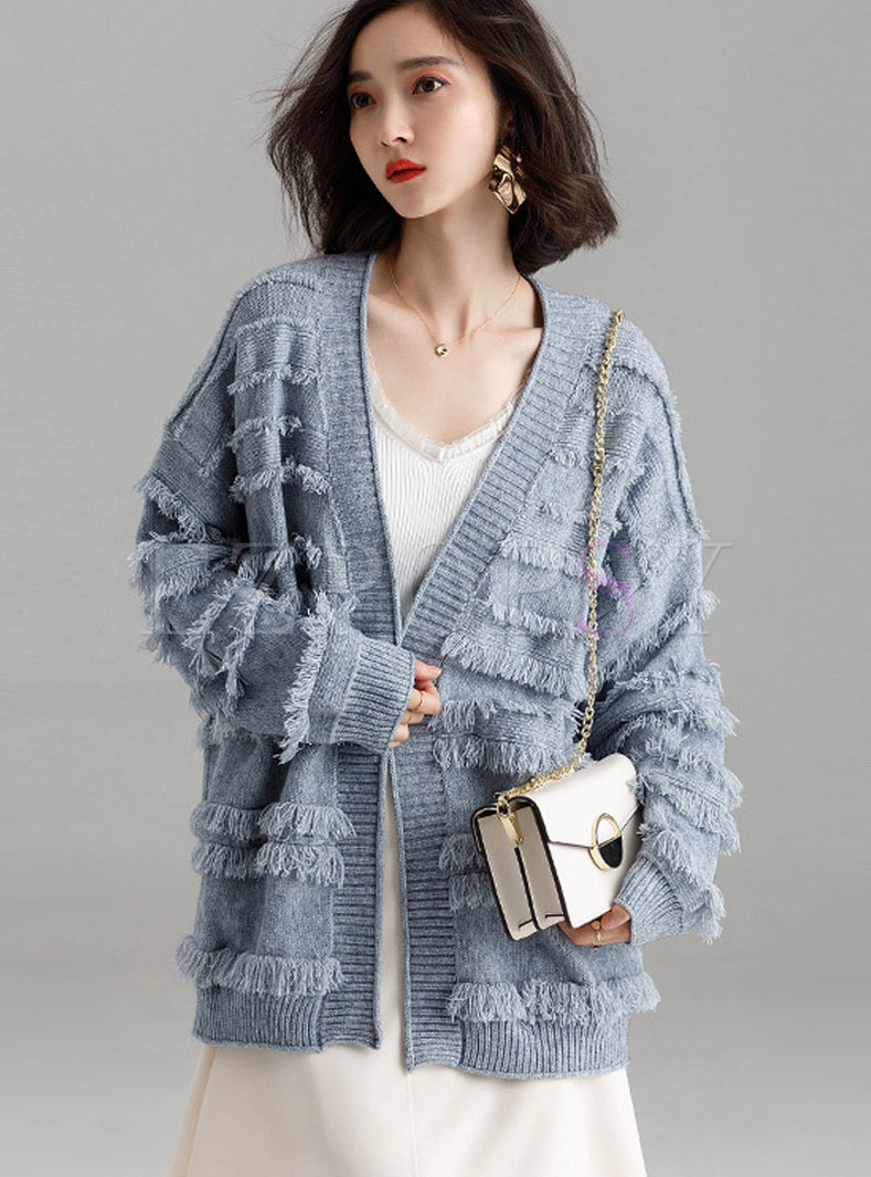 Fashion Blue Fringed Cardigan Knitted Sweater