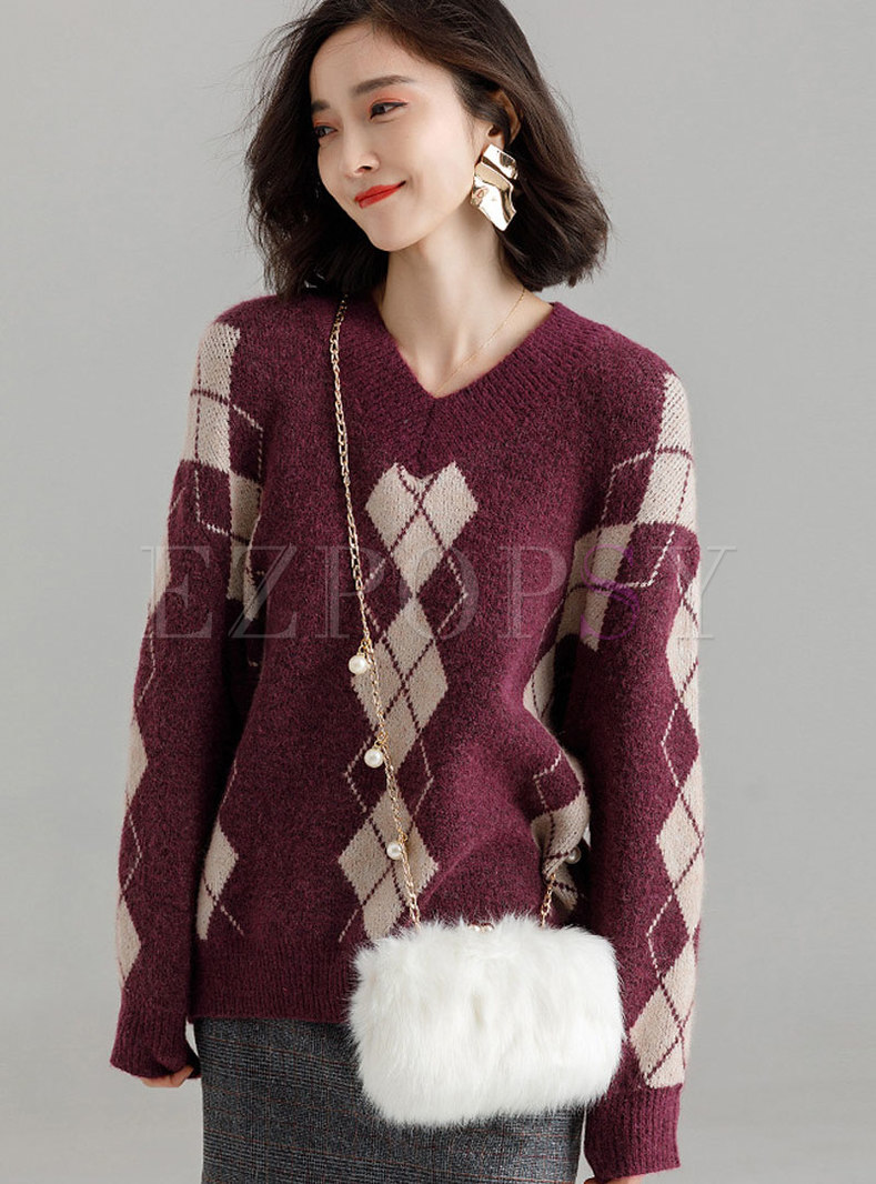 Vintage V-neck Plaid All Matched Sweater