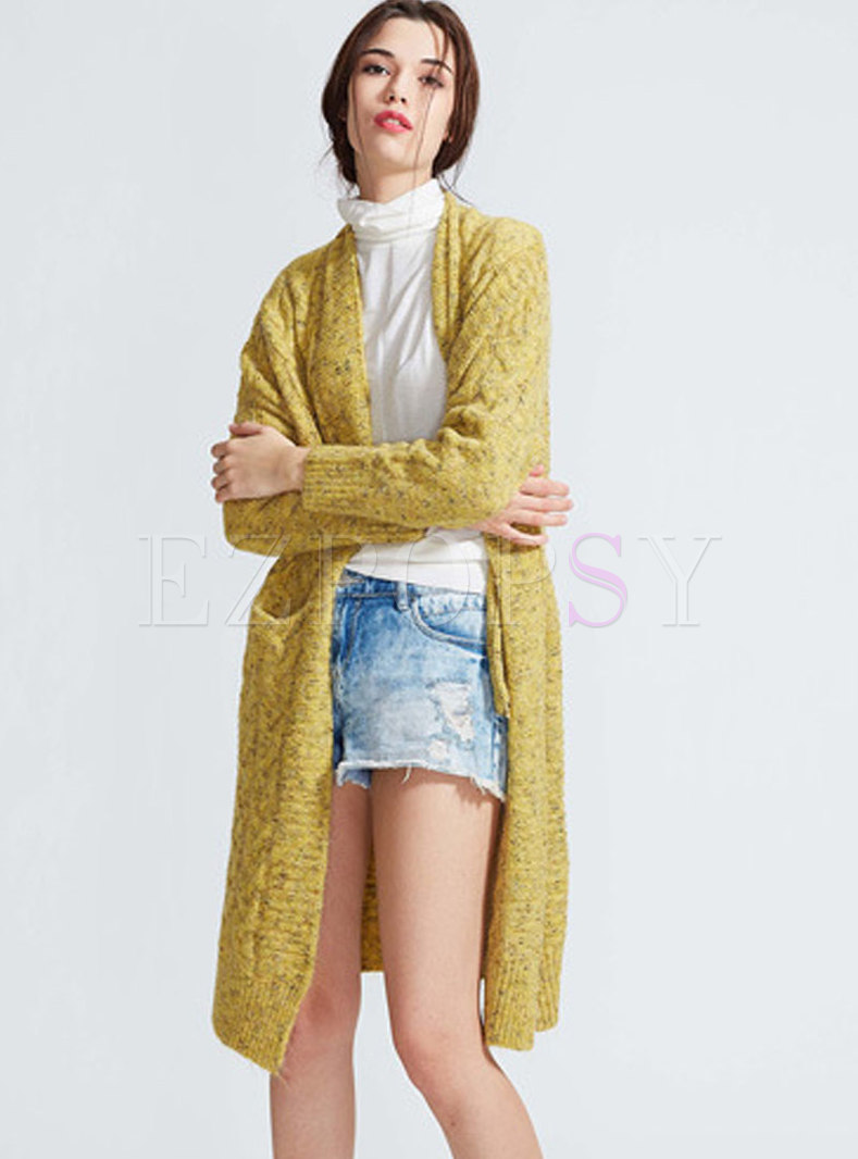 Casual Winter Yellow Monochrome Knitted Cardigan