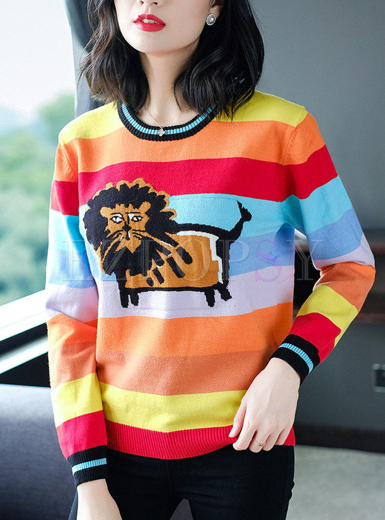 Stylish Rainbow Cartoon Pattern Knitted Sweater