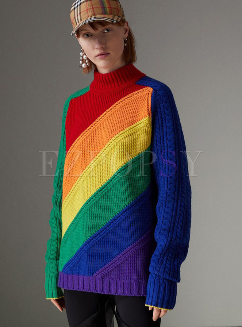 Fashion Thicken Turtle Neck Rainbow Sweater