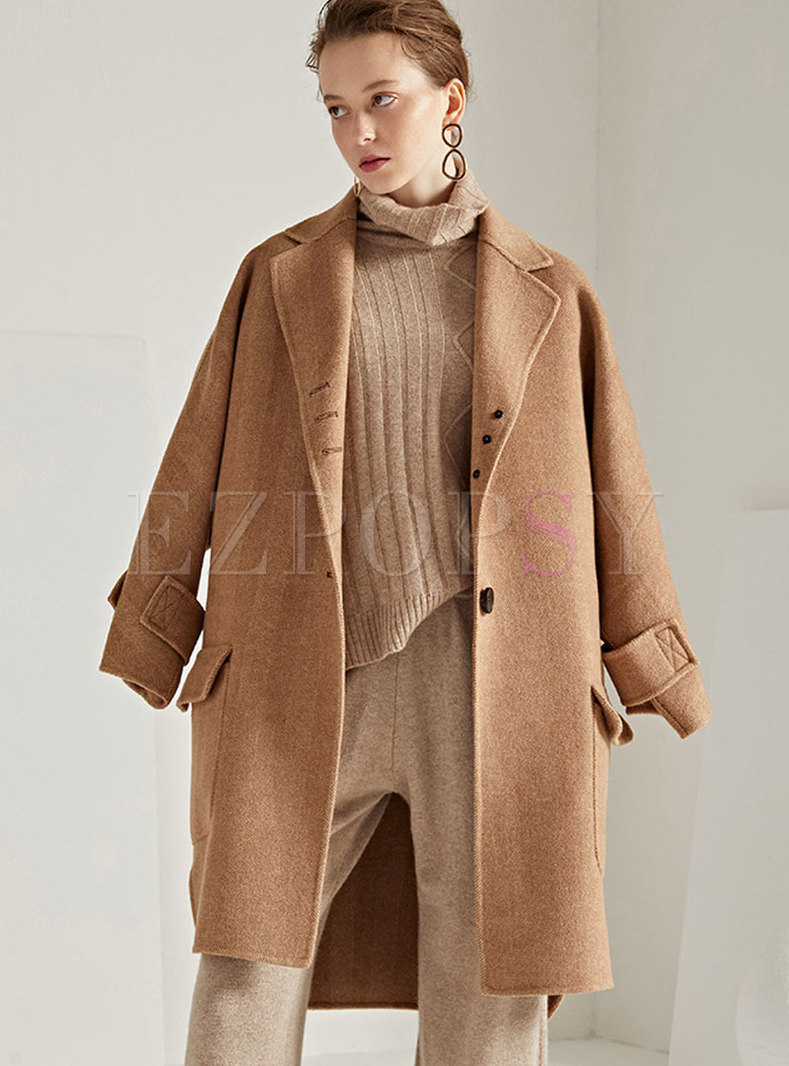 Fashionable Camel Lapel Pockets Cashmere Hairy Coat 