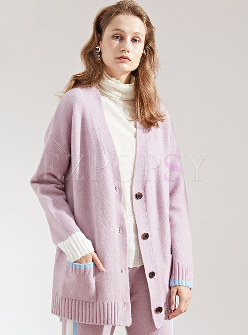 Casual Purple Buttoned Loose Knitted Cardigan 