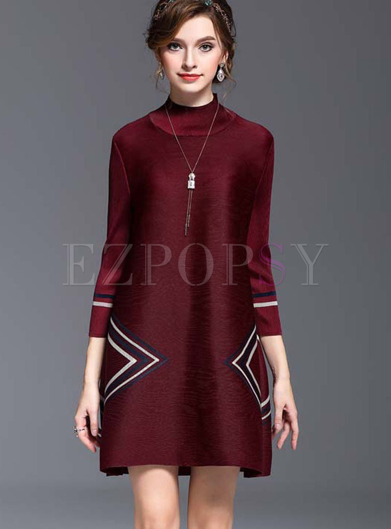Dresses | Shift Dresses | Stylish Wine Red Geometric Pattern Elastic ...