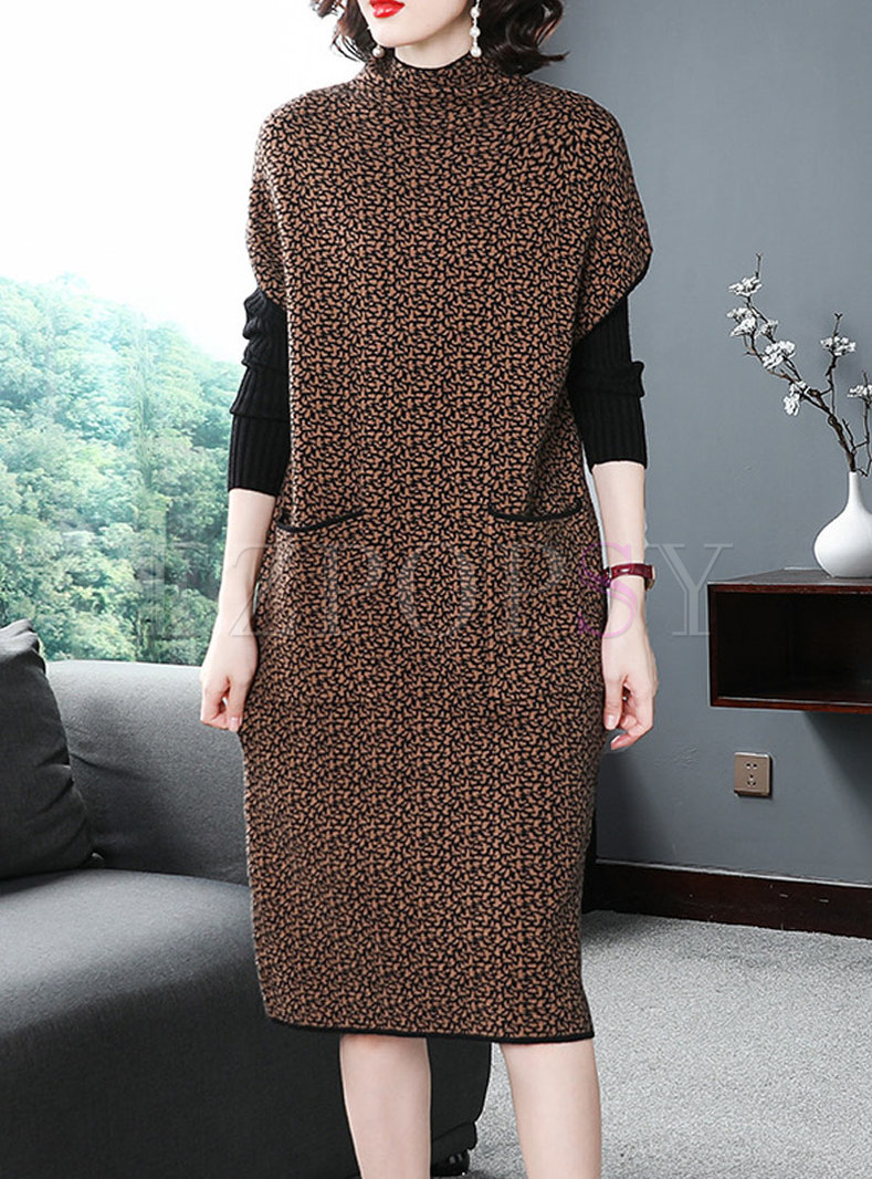 Trendy Stitching Long Sleeve Shift Knitting Dress