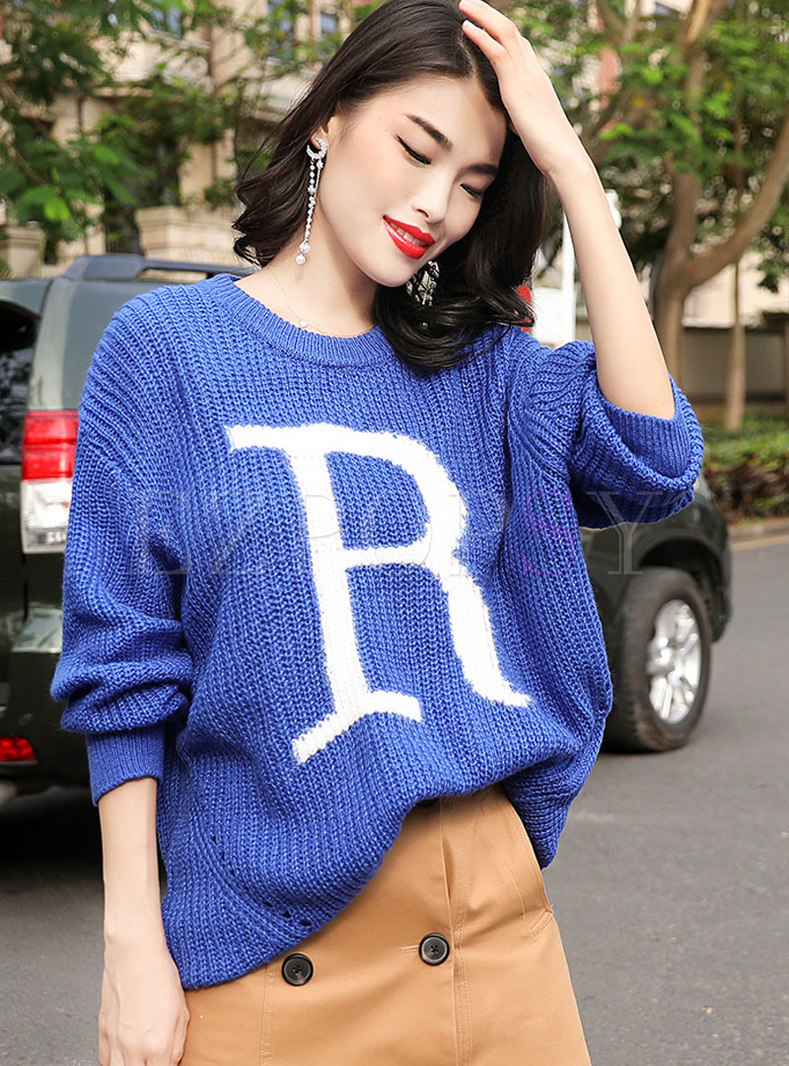 Autumn Blue All-matched Letter Loose Sweater