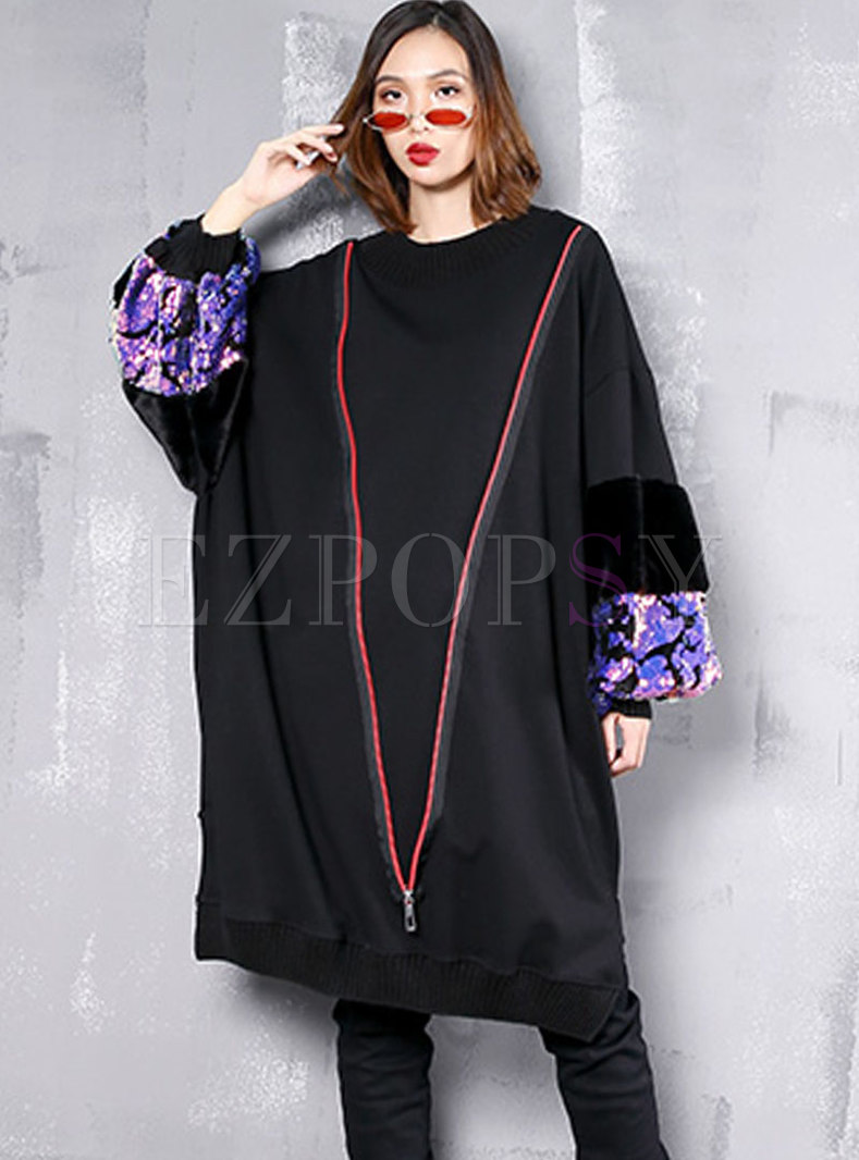 Color-blocked O-neck Zipper Loose Dress With Sequins