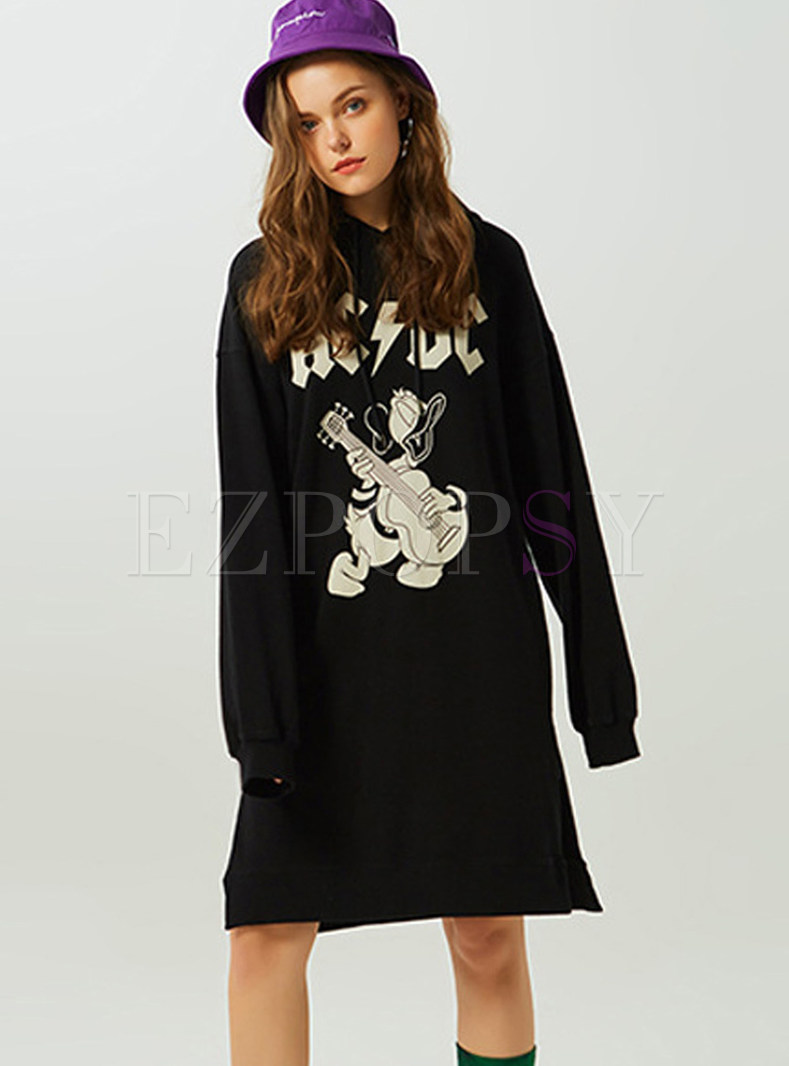 Stylish Hooded Long Sleeve Slit Mini Dress