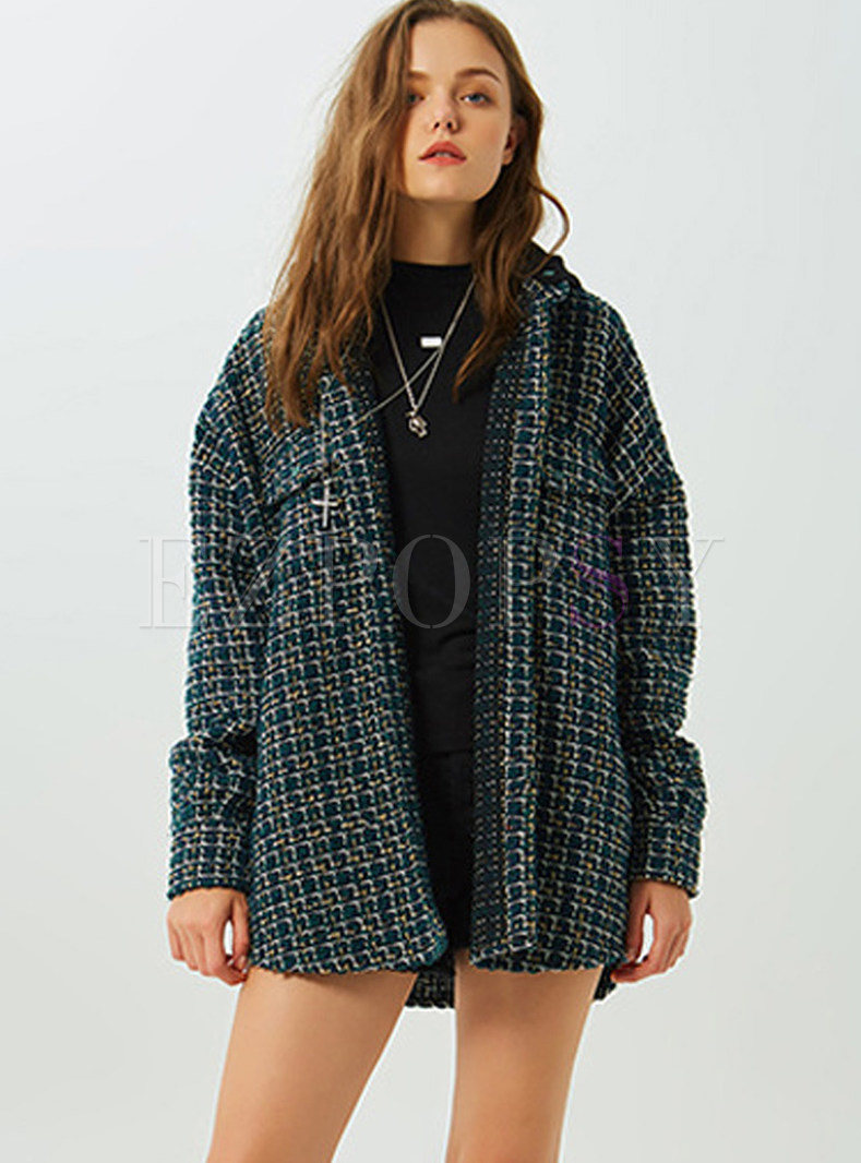 Winter Loose Color-blocked Plaid Hooded Coat
