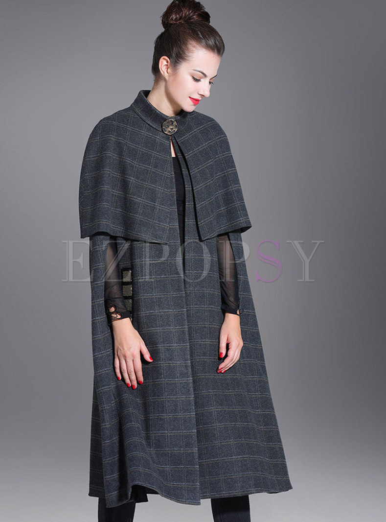 Shawl Collar Plaid Knee-length Wool Blended Coat