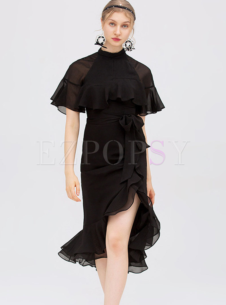 Sexy Black Stand Collar Chiffon Asymmetric Semi-sheer Dress