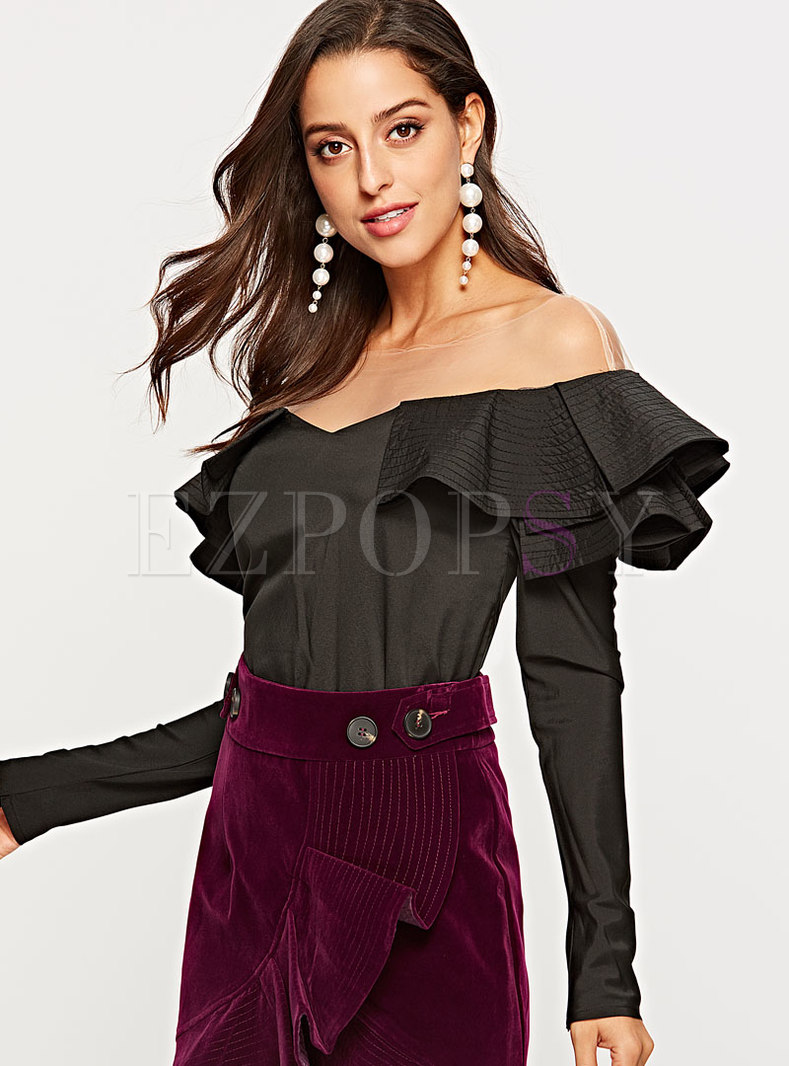 Tops | Blouses | Stylish Black Off Shoulder Mesh Splicing Blouse