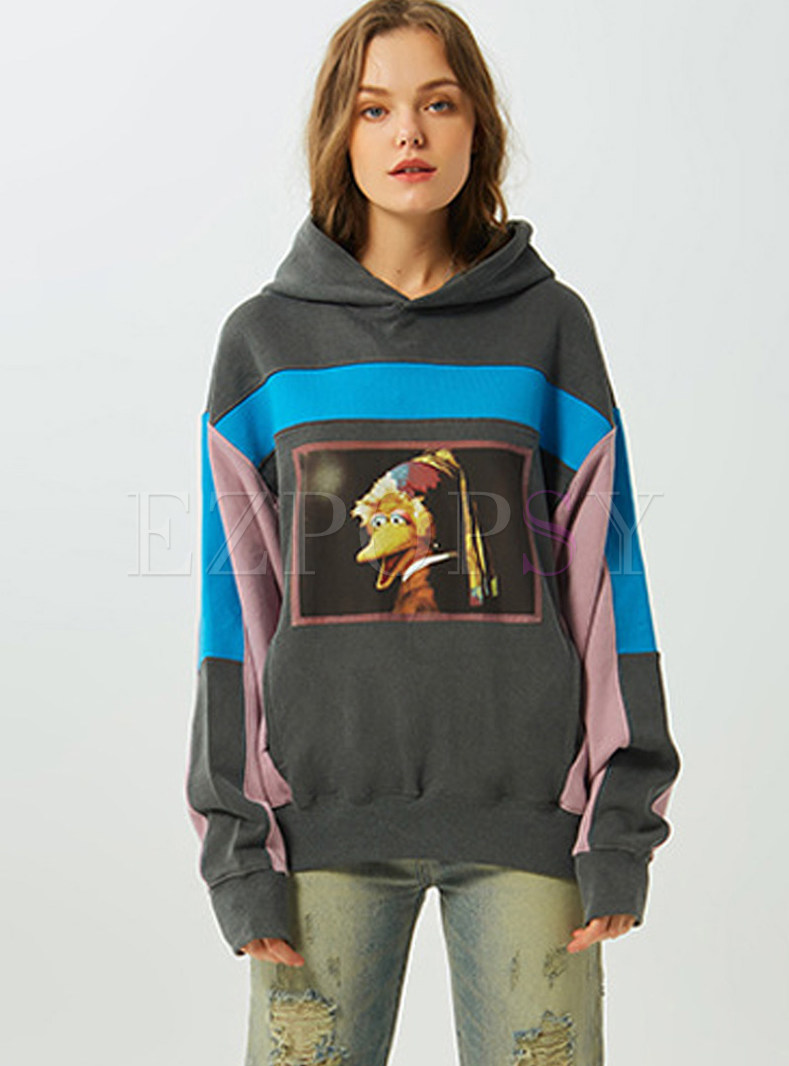 Stylish Hooded Splicing Cartoon Print Sweatshirt