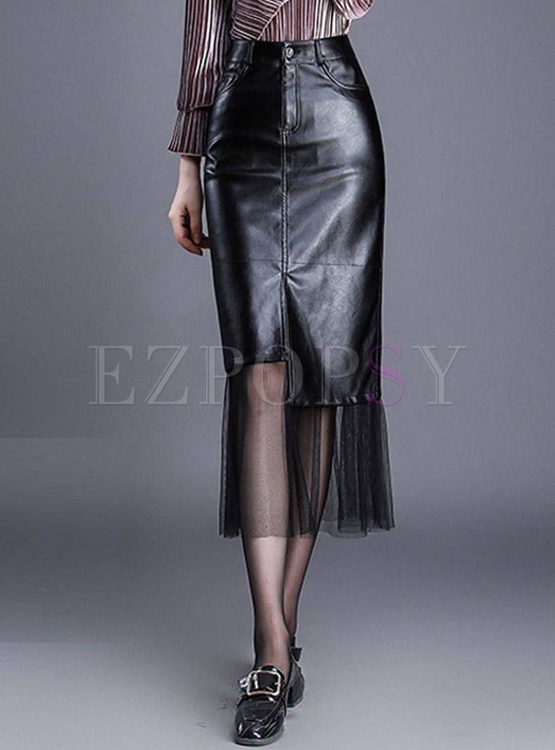 Stylish Black Stitching Gauze Bodycon PU Skirt