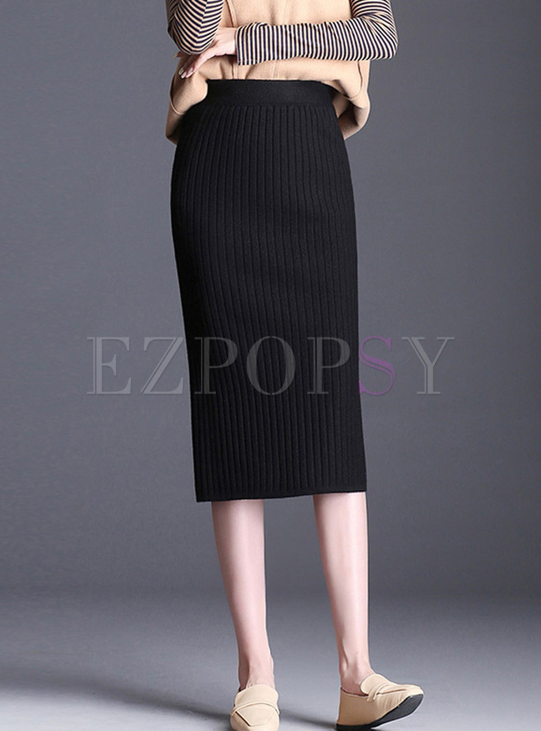 Stylish Elastic Waist Mid-claf Slit Knitted Skirt