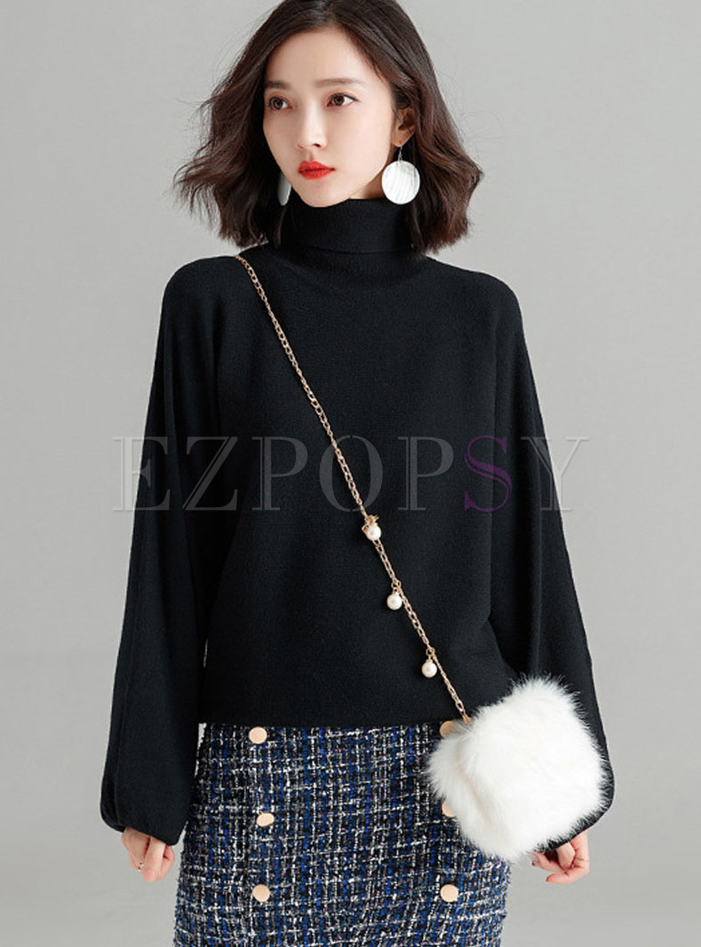 Casual Black High Neck Long Sleeve Knitting Sweater