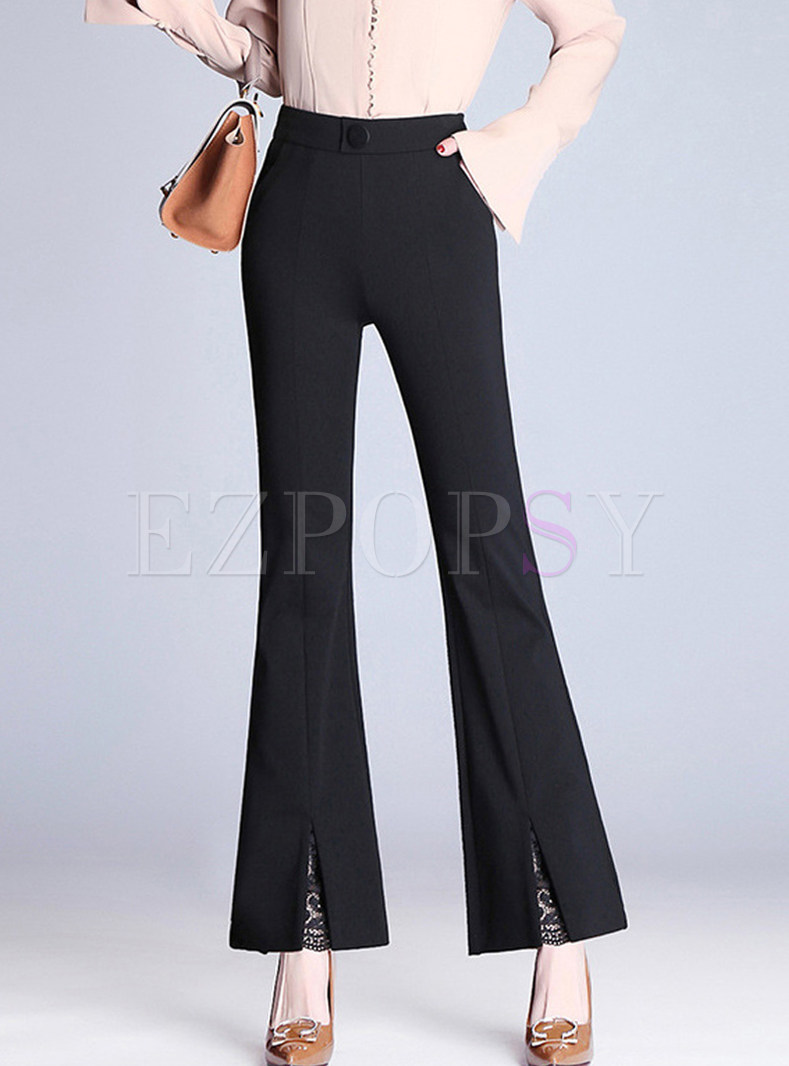 Pure Color High Waist Lace Splicing Flare Pants