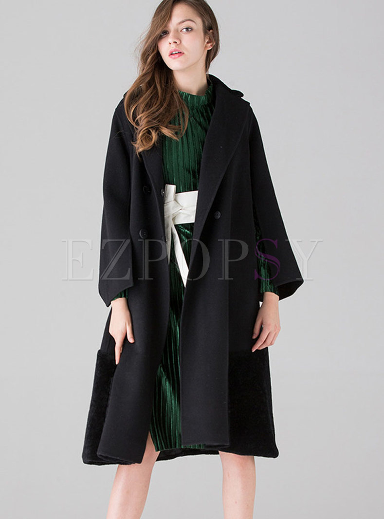 British Black Stitching Sleeve Cloak Wool Coat