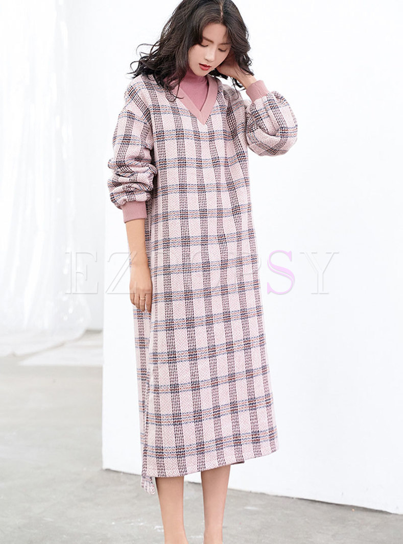 Trendy V-neck Long Sleeve Plaid Loose Knitted Dress