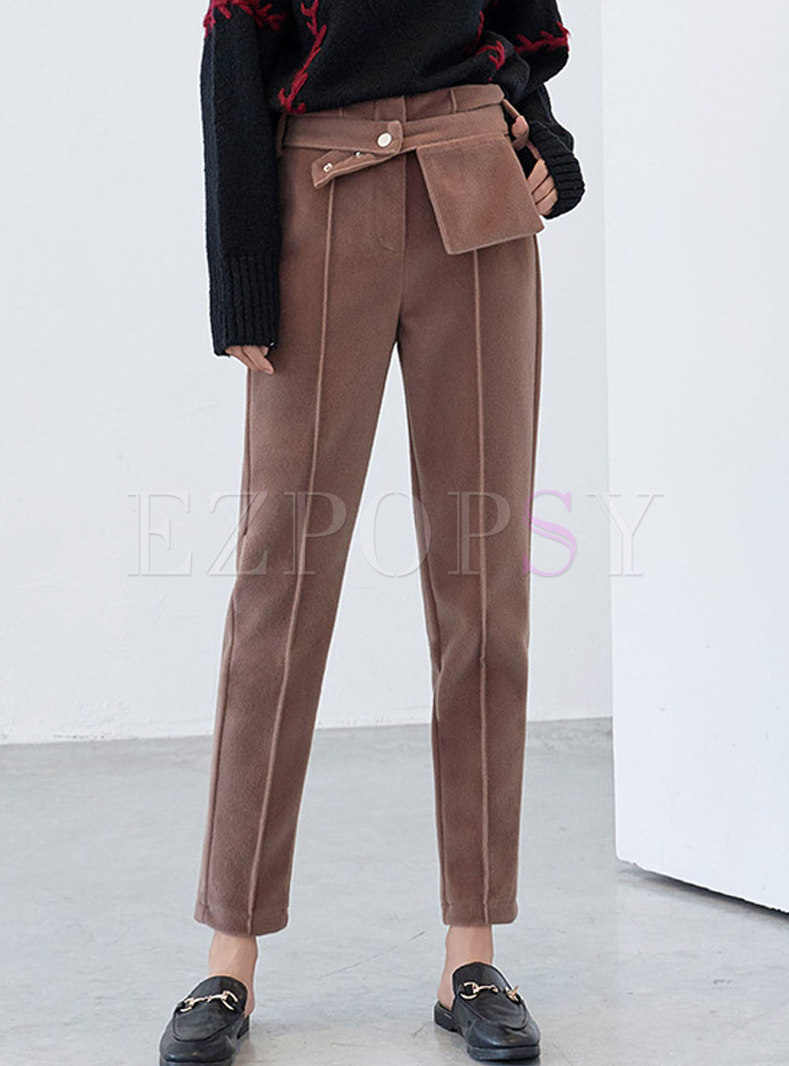 Casual Solid Color Distressed High Waist Thicken Straight Pants