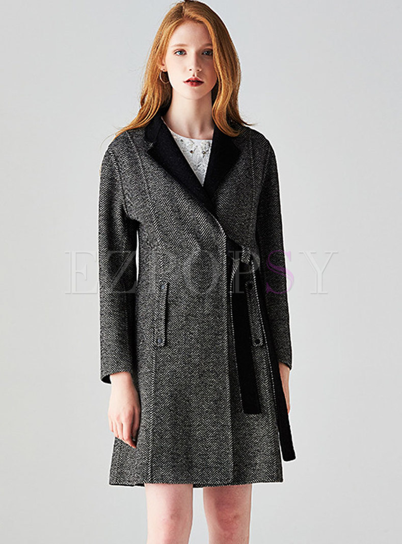 Trendy Notched Gathered Waist Pinstriped Coat