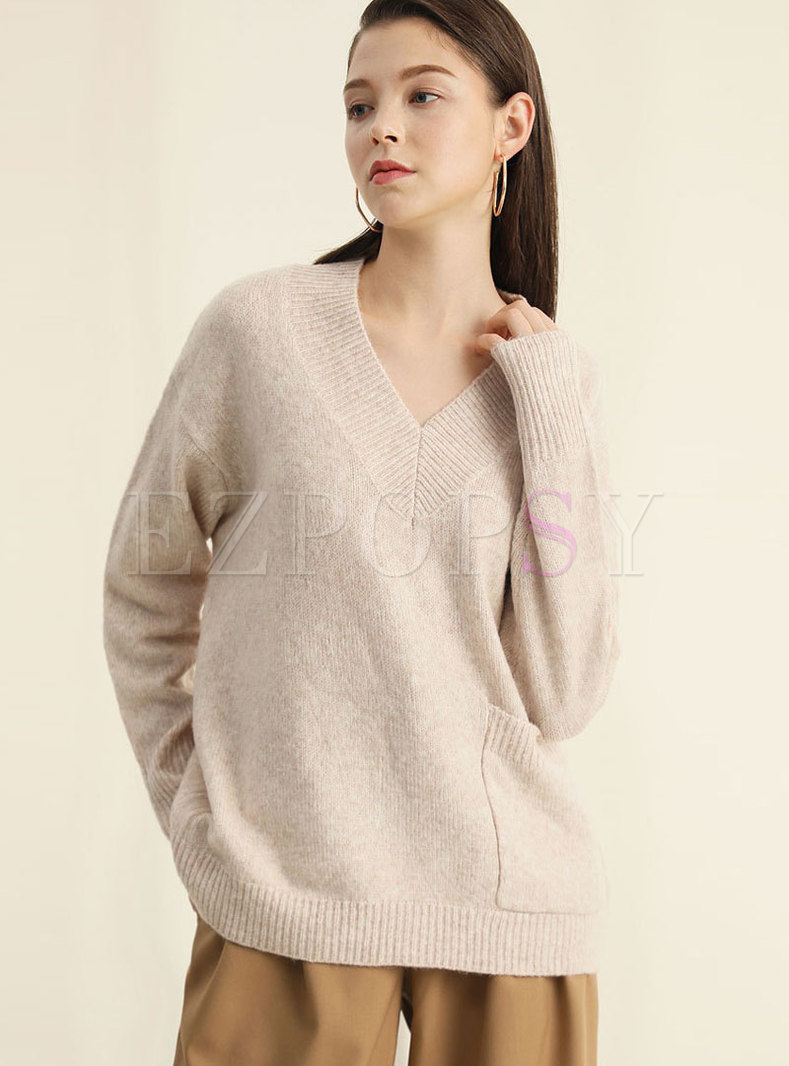 Casual Solid Color V-neck Bottoming Sweater