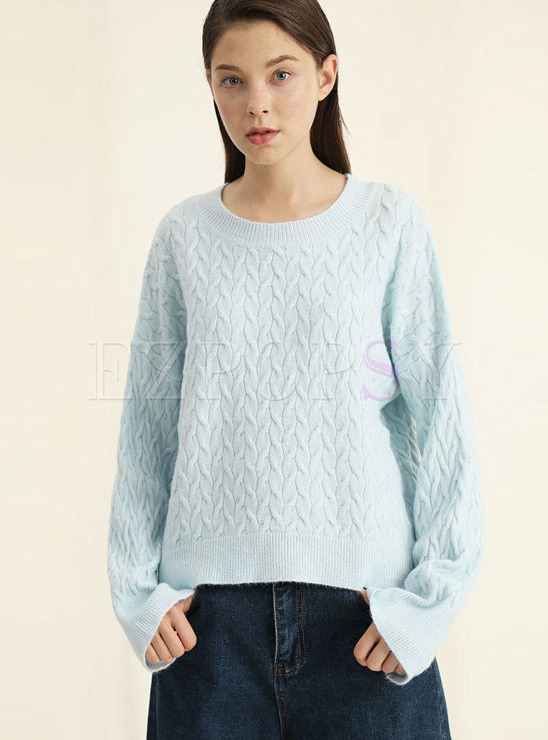 Casual Light Blue Autumn Twist Texture Knitted Sweater
