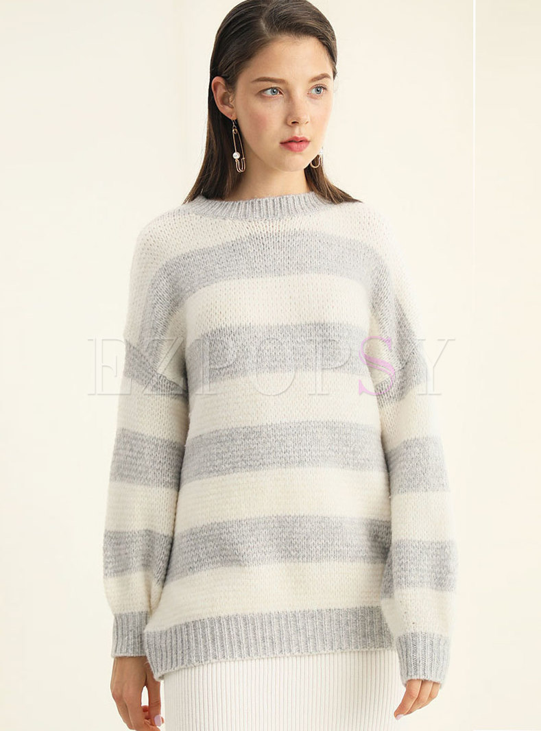 Round Neck Hit Color Horizontal Stripes Sweater