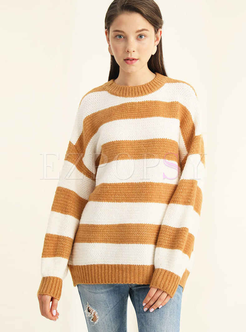  Caramel Round Neck Hit Color Horizontal Stripes Sweater