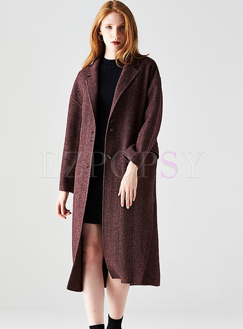 Winter Purple Striped Long Sleeve Straight Coat