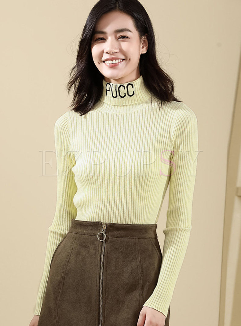 Chic Yellow Letter Turtle Neck Slim Pullover Sweater