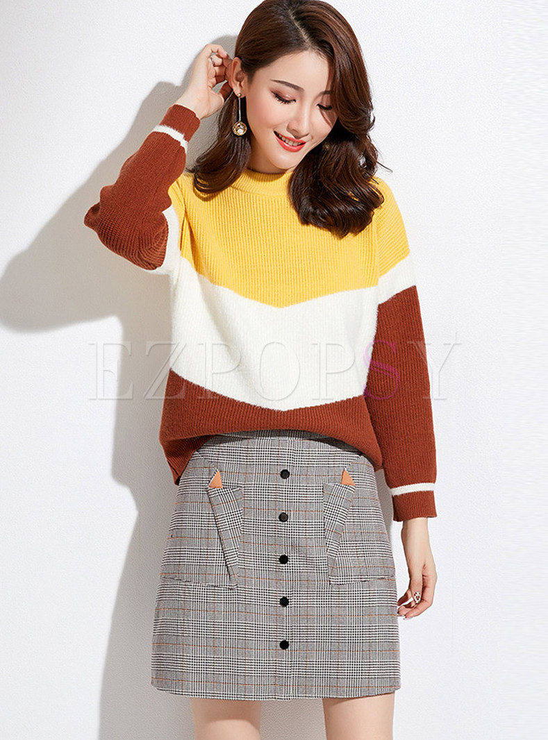 Color-blocked Long Sleeve Pullover Loose Sweater