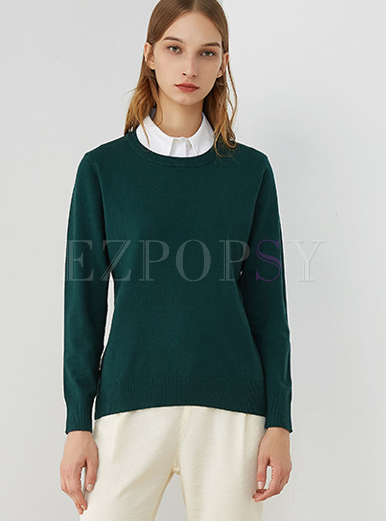 Casual Green Pullover O-neck Long Sleeve Sweater