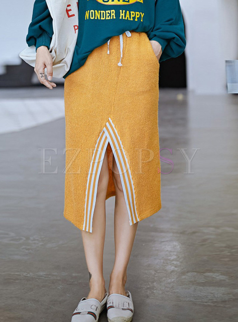 Stylish Tie-waist Knitted Slit Midi Skirt