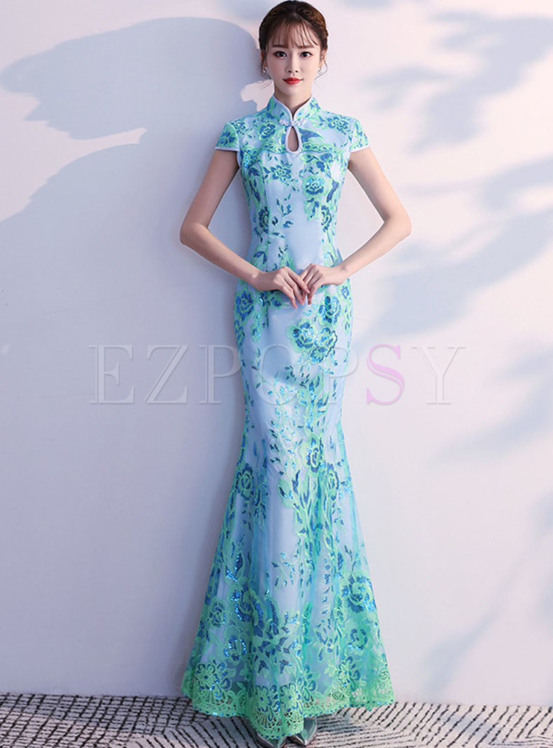 Print Mandarin Collar Maxi Prom Dress