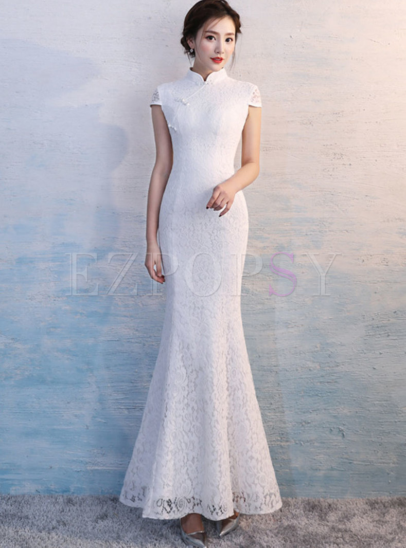 White Mandarin Collar Short Sleeve Prom Dress