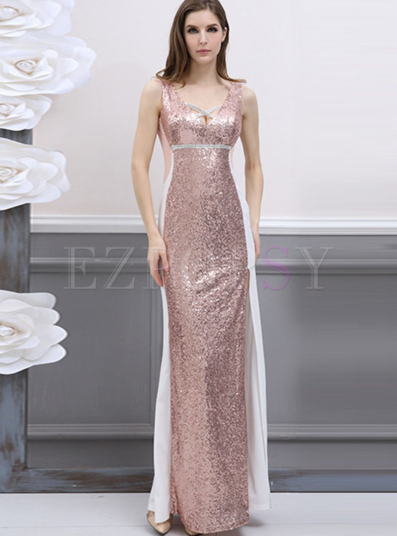 Gold V-neck Off Shoulder Shimmer Prom Dress With Split