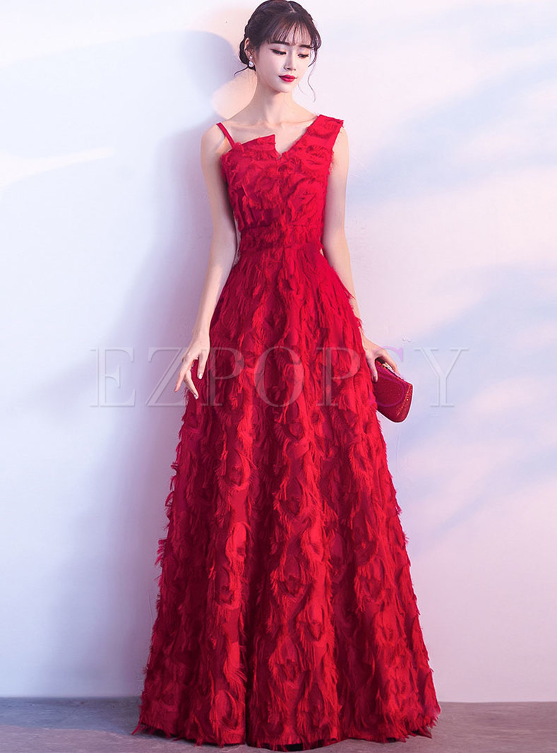 Elegant Red Tassel Patch Gathered Waist Evening Dress