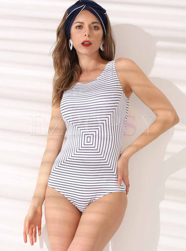 Striped Backless One Piece Swimwear