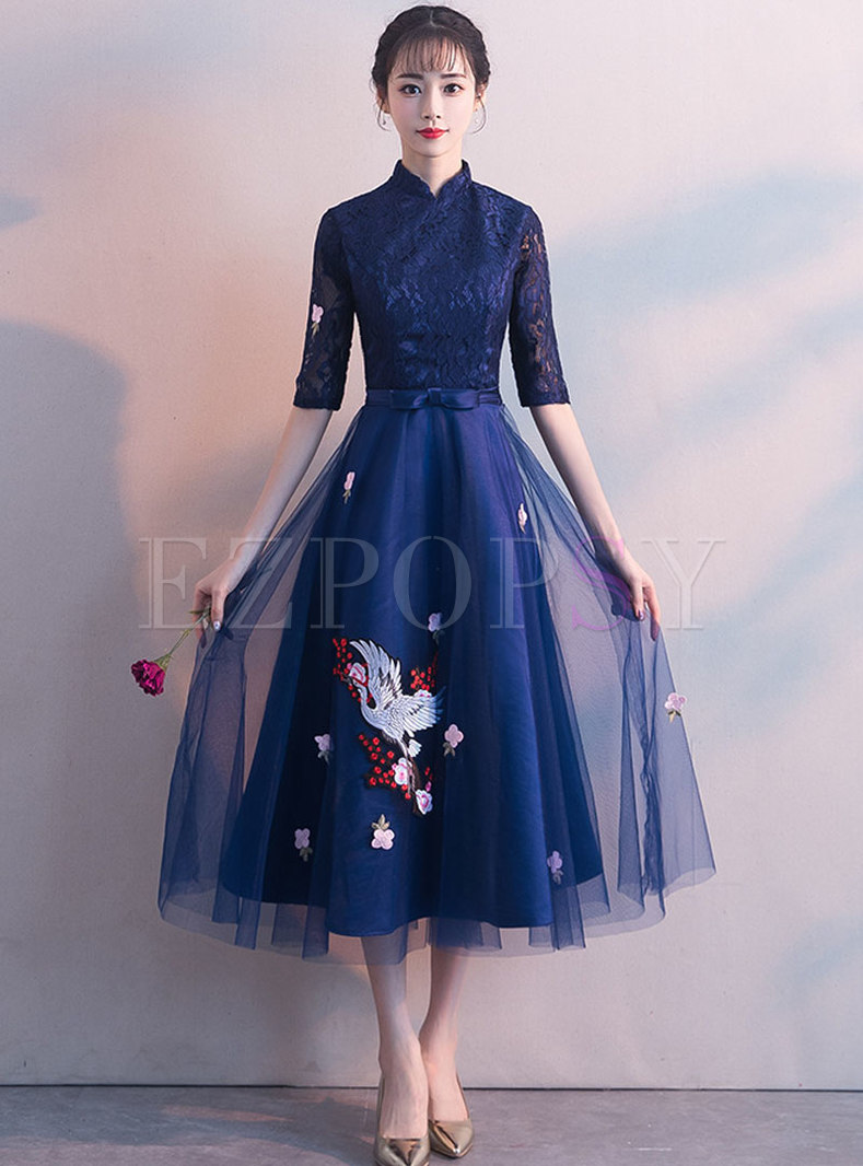 Elegant Stand Collar Embroidered Gauze Party Dress