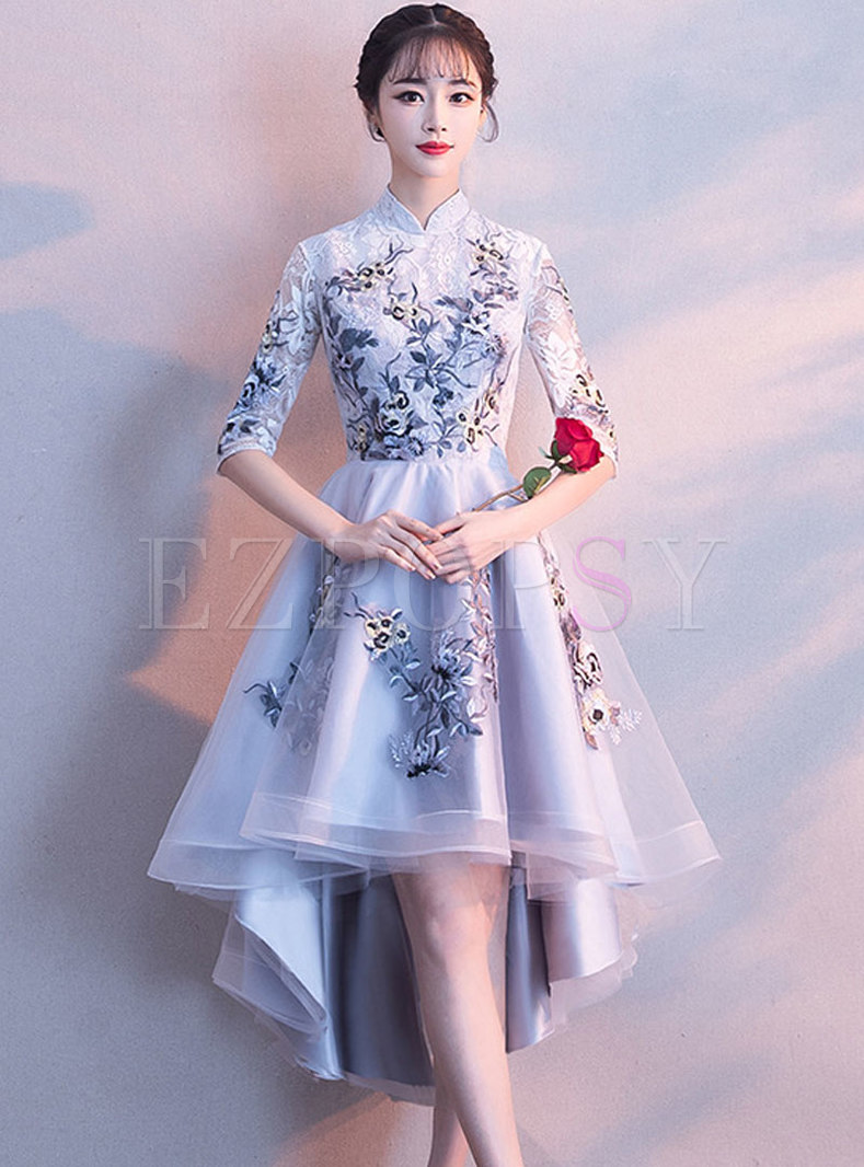 Elegant Splicing Embroidered Stand Collar Asymmetric Party Dress
