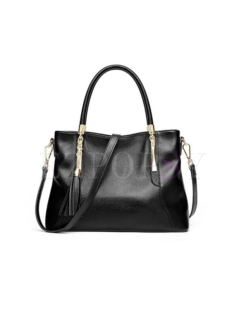 Solid Color Tassel Leather Handbag & Crossbody Bag